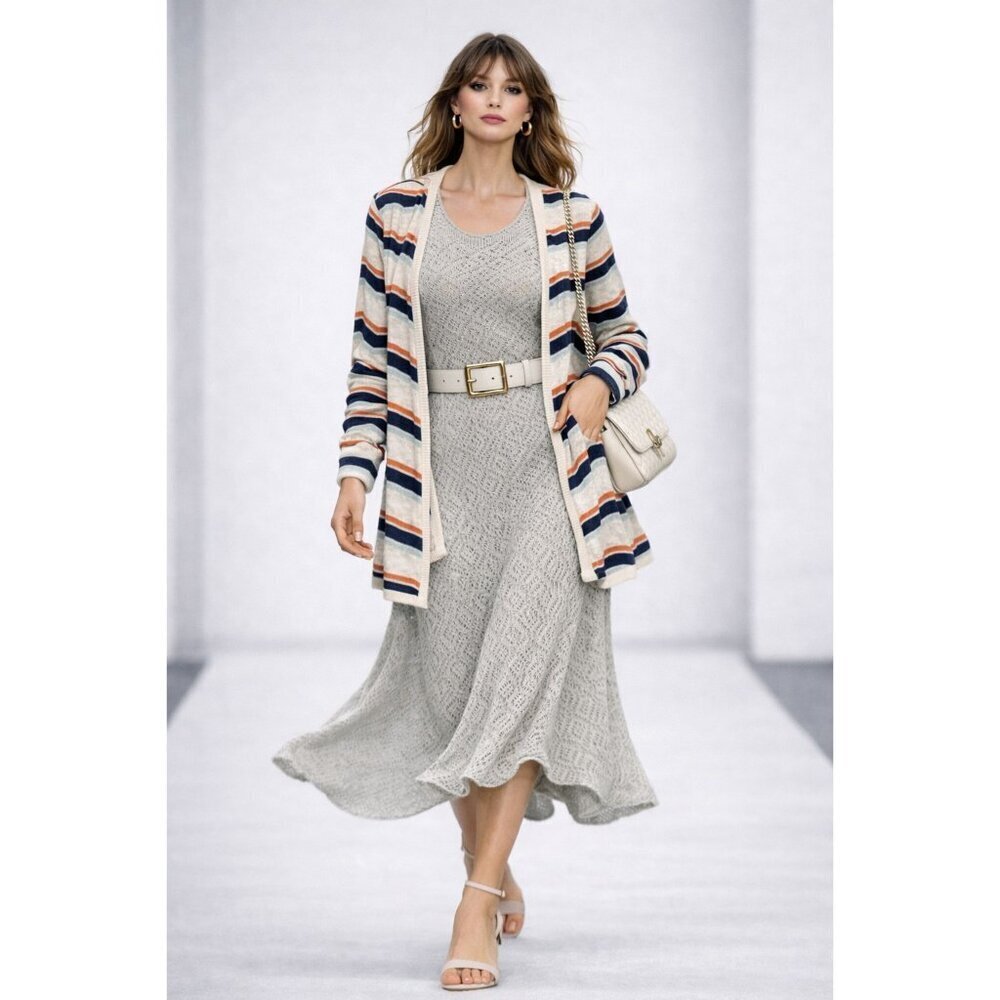 Minnie Rose Women’s 100% Cashmere Chevron Stripe Open Cardigan Size M